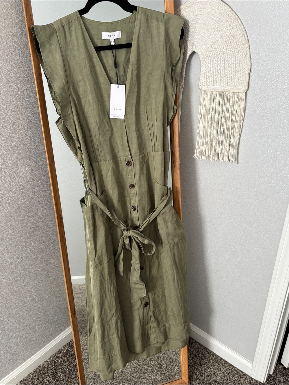 Reiss Olive Green Button-Front Midi Dress with Waist Tie